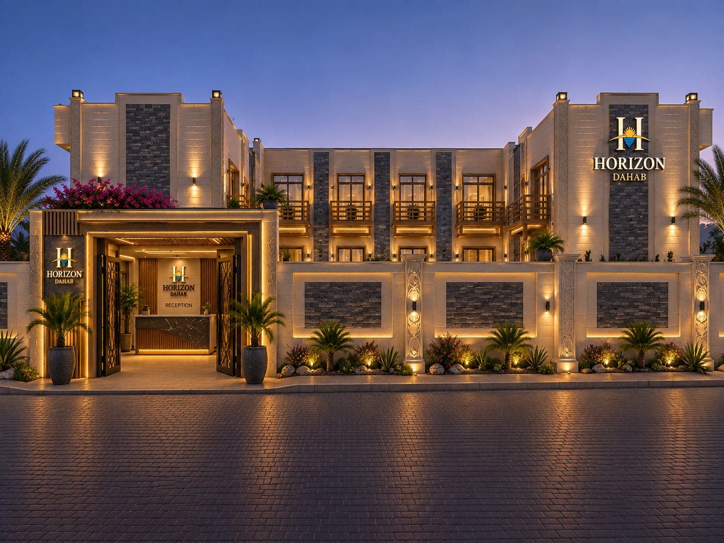 Horizon Dahab exterior at blue hour