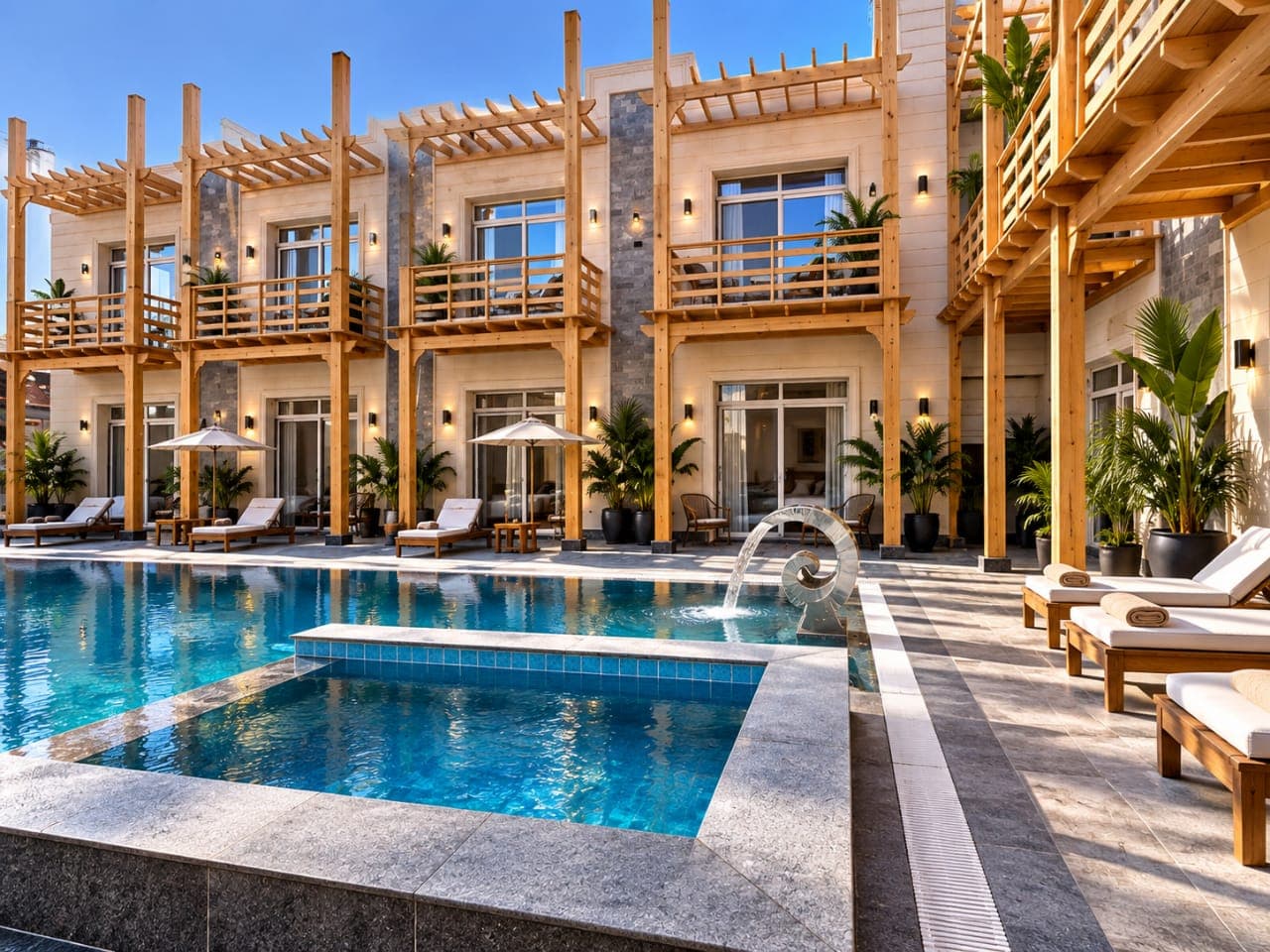 Sunlit Horizon Dahab pool and timber balconies
